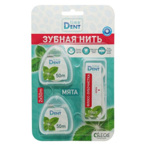 Купить: Oleos TimeDENT набор 2 шт 50 м зубная нить + 10 шт флосс-зубочистки мята
