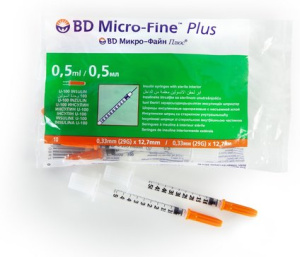 Купить: BD Micro-Fine Plus U-100 0,5 мл 10 шт шприц инсулиновый одноразовый 3-х компонентный игла 29G (0,33 мм х 12,7 мм)