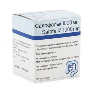 Купить Салофальк 1000 мг 50 шт гранулы кишечнорастворимые с пролонгированным высвобождением покрытые оболочкой