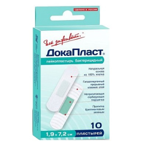 Купить: ДокаПласт 7,2 см x 1,9 см 10 шт пластырь бактерицидный с бриллиановым зеленым