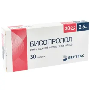 Купить Бисопролол Вертекс 2,5 мг 60 шт таблетки покрытые пленочной оболочкой