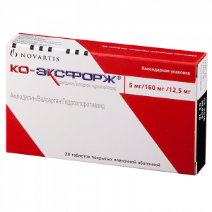Купить: Ко-Эксфорж 5 мг + 160 мг + 12,5 мг 28 шт таблетки покрытые пленочной оболочкой