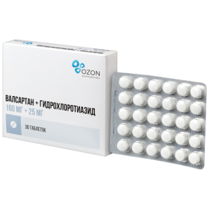 Купить: Валсартан+Гидрохлортиазид 160 мг + 25 мг 30 шт таблетки покрытые пленочной оболочкой