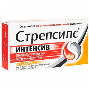 Купить: Стрепсилс Интенсив 24 шт таблетки для рассасывания без сахара апельсин