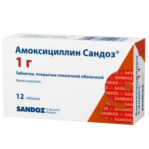 Купить Амоксициллин Сандоз 1000 мг 12 шт таблетки покрытые пленочной оболочкой
