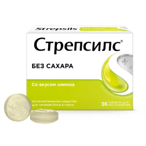 Купить: Стрепсилс 36 шт таблетки для рассасывания без сахара лимон