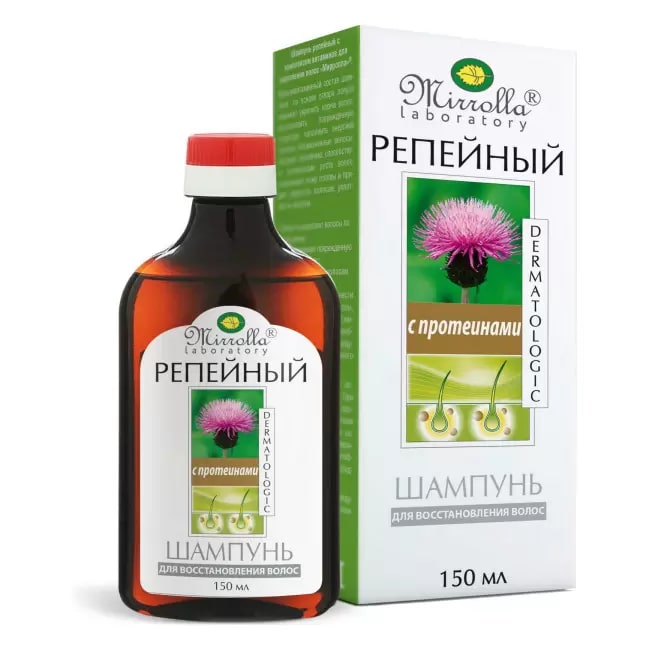 Купить Mirrolla 150 мл шампунь репейный с комплексом протеинов для восстановления волос