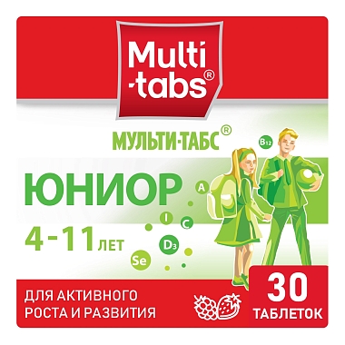 Купить Мульти-Табс Юниор 30 шт таблетки жевательные малина-клубника