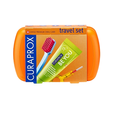 Купить Curaproxs Be You набор дорожный в оранжевом боксе: щетка зубная складная, паста, набор межзубных ершиков с держателем