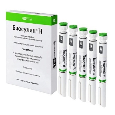 Купить Биосулин H 100 МЕ/мл 3 мл 5 шт суспензия для подкожного введения картридж + шприц-ручка 