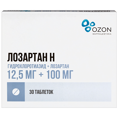 Купить Лозартан Н 12,5 мг + 100 мг 30 шт таблетки покрытые пленочной оболочкой