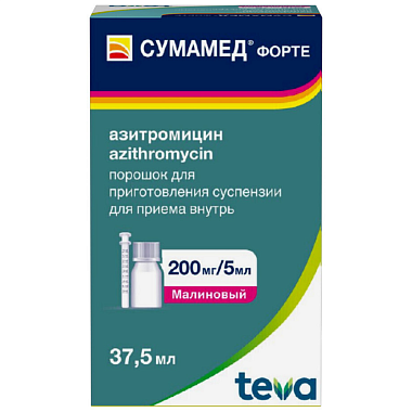 Купить Сумамед Форте 200 мг/5 мл 37,5 мл порошок для приготовления суспензии для приема внутрь
