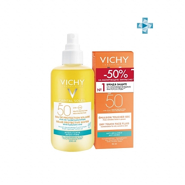 Купить Vichy Capital Soleil спрей двухфазный 200мл SPF 50+ увлажн + Мат эмульс д/лица Драй Тач SPF50 50мл