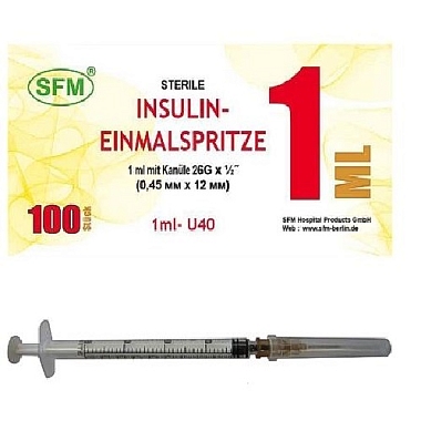 Купить SFM U-40 1 мл 20 шт шприц инсулиновый одноразовый 3-х компонентный игла съемная 26G (0,45 мм х 12 мм)