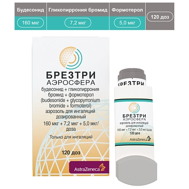Купить Брезтри Аэросфера 160 мкг + 7,2 мкг + 5,0 мкг/доза 120 доз 10,7 г аэрозоль для ингаляций дозированный ингалятор 1 шт