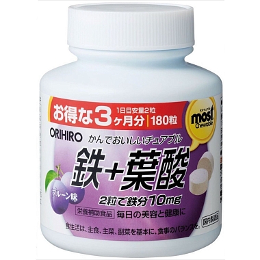 Купить Orihiro Железо 180 шт таблетки жевательные со вкусом какао/сливы