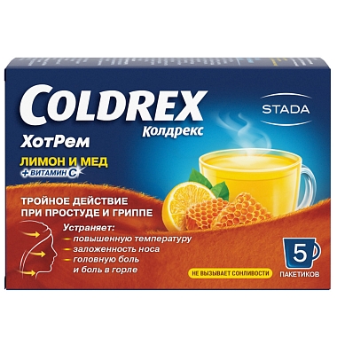 Купить Колдрекс Хотрем 5 шт порошок для приготовления раствора для приема внутрь мед-лимон пакет