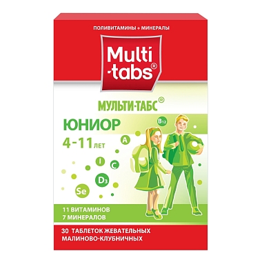 Купить Мульти-Табс Юниор 30 шт таблетки жевательные малина-клубника