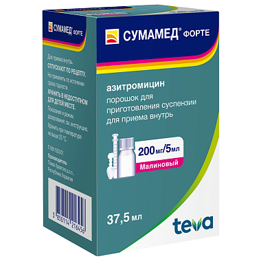 Купить Сумамед Форте 200 мг/5 мл 37,5 мл порошок для приготовления суспензии для приема внутрь