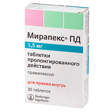 Купить Мирапекс ПД 1,5 мг 30 шт таблетки с пролонгированным высвобождением