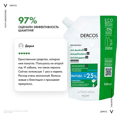 Купить Vichy Dercos DS 500 мл шампунь сменный блок против перхоти для нормальных и жирных волос