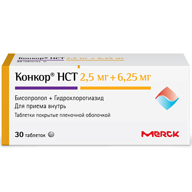 Купить Конкор НСТ 2,5 мг + 6,25 мг 30 шт таблетки покрытые пленочной оболочкой
