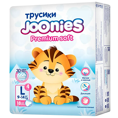 Купить Joonies Premium Soft 18 шт трусики-подгузники размер L 9-14 кг