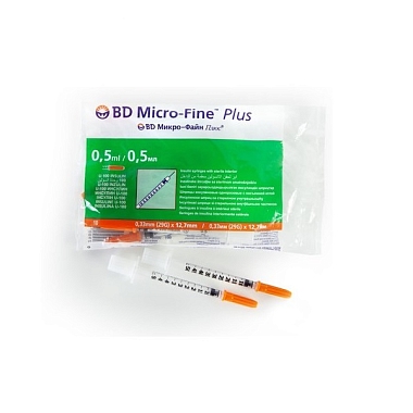 Купить BD Micro-Fine Plus U-100 0,5 мл 10 шт шприц инсулиновый одноразовый 3-х компонентный игла 29G (0,33 мм х 12,7 мм)