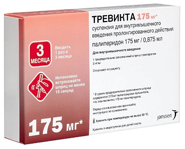 Купить Тревикта 175 мг/0,875 мл 1 шт суспензия для внутримышечного введения с пролонгированным высвобождением шприц в комплекте с иглами 2 шт