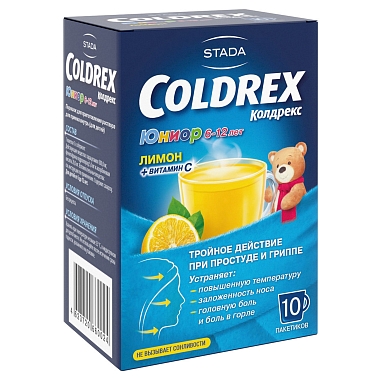 Купить Колдрекс Юниор 3г 10 шт порошок для приготовления раствора для приема внутрь для детей пакет